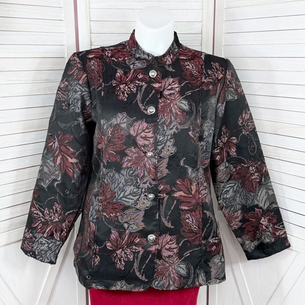 Tudor Court Floral Brocade Mandarin Collar Jacket Black Pink XL